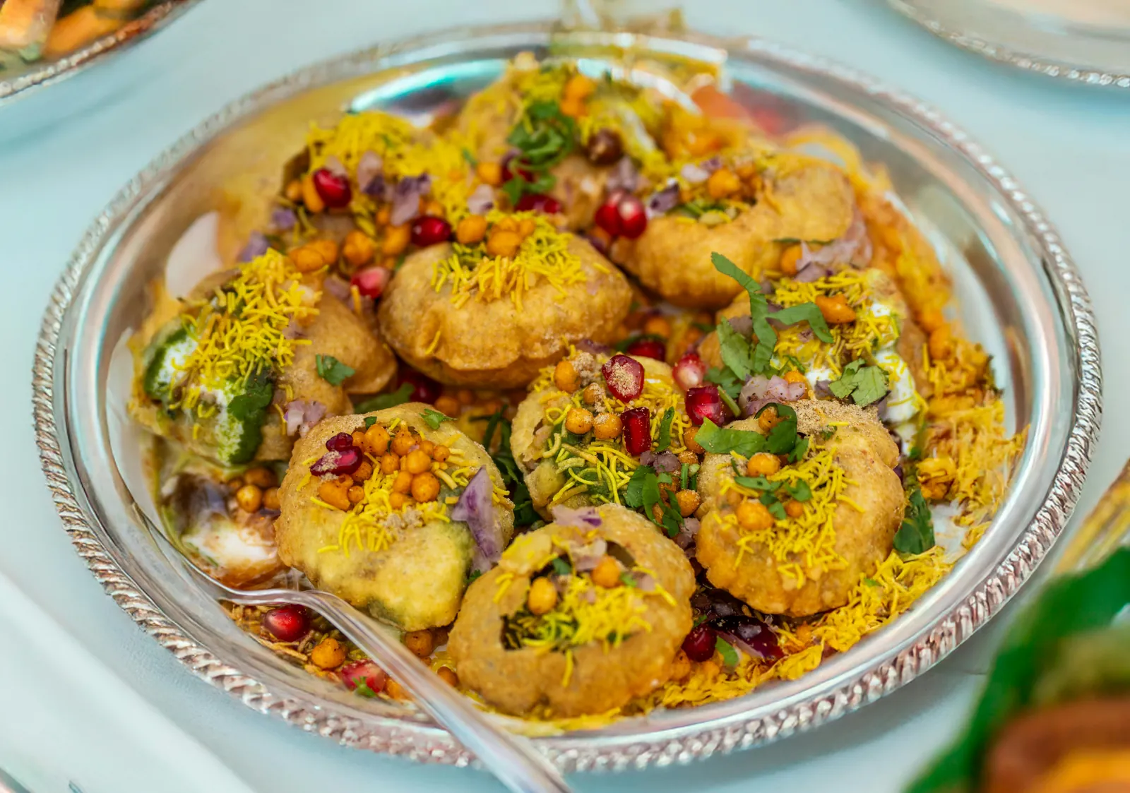 Chaat station platter garnished and ready to serve
