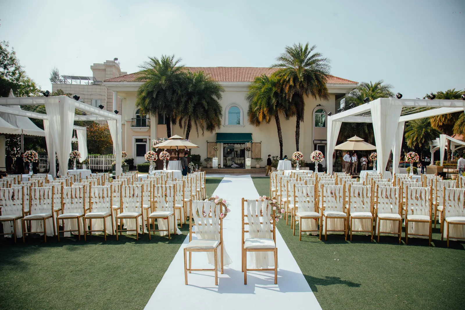 Banquet hall set for a wedding reception